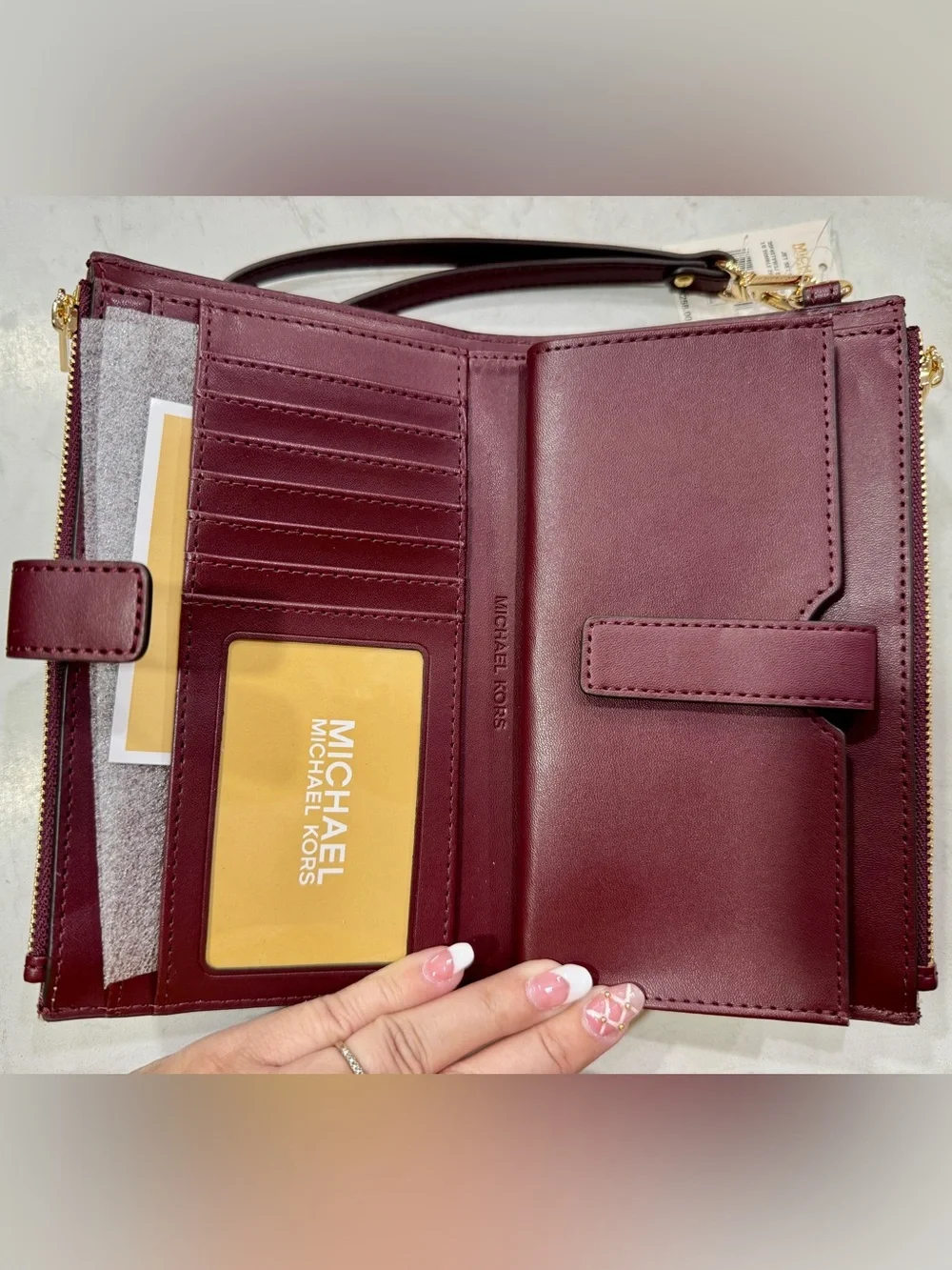 Michael Kors Jet Set Travel Large Double Zip Wristlet Oxblood Metallic Logo - Picture 3 of 5